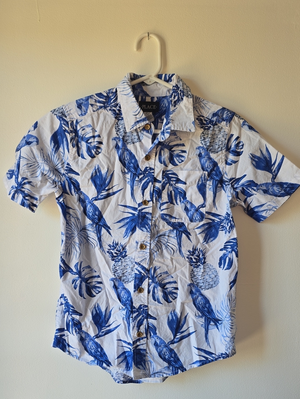 The Children's Place White Button-Front Shirt with Blue Tropical Parrot Print